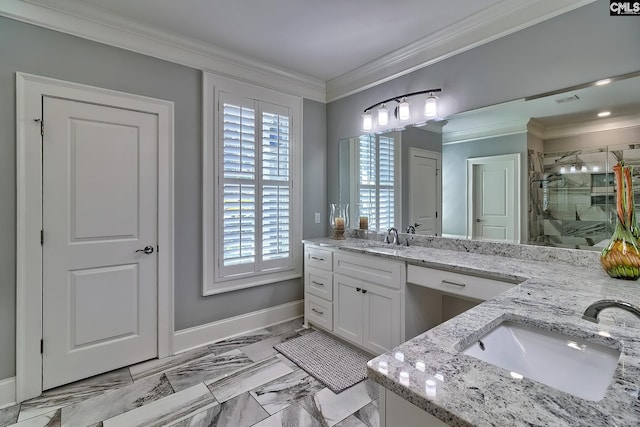 bathroom with vanity, ornamental molding, and an enclosed shower