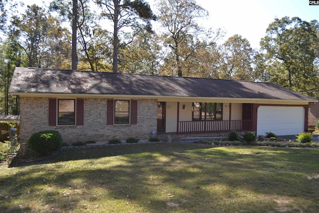 ranch-style house with a front lawn, a porch, and a garage