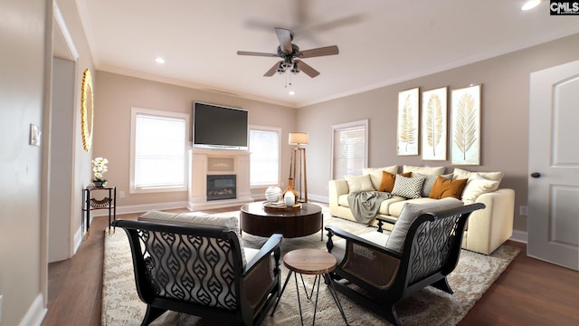 101 Dinkins Place Rd, Blythewood, SC 29130 - living room with ceiling fan, crown molding, a glass covered fireplace, recessed lighting, and wood finished floors