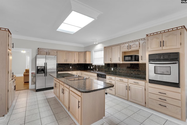 kitchen with light tile patterned flooring, a center island, black appliances, and crown molding