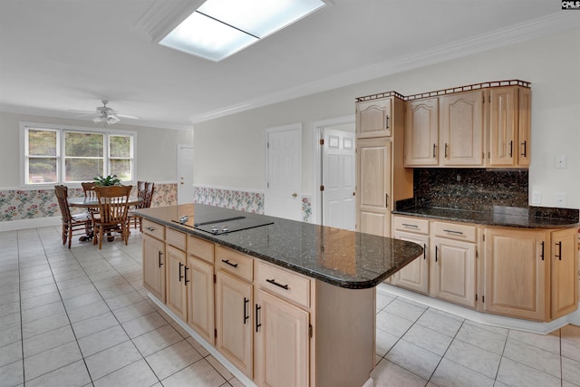 2001 Riding Ridge Rd, Columbia, SC 29223 - kitchen with light brown cabinets, black electric cooktop, light tile patterned floors, decorative backsplash, and ornamental molding
