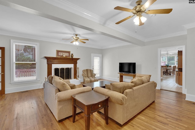 living room with light hardwood / wood-style floors, ornamental molding, and ceiling fan