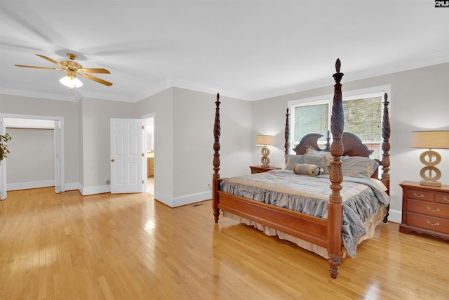 bedroom featuring ornamental molding, light hardwood / wood-style floors, and ceiling fan