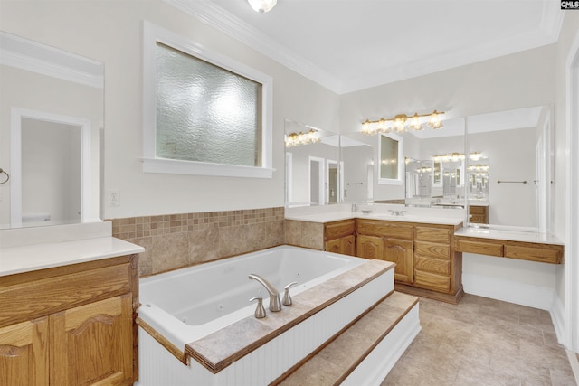 bathroom featuring vanity, crown molding, tile patterned floors, and tiled tub