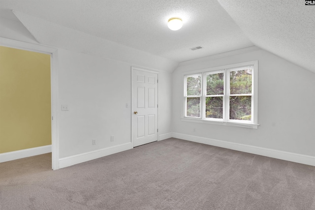 additional living space with carpet, a textured ceiling, and vaulted ceiling