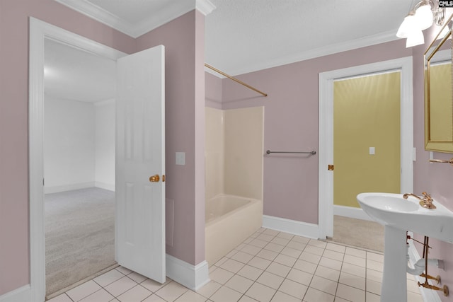 bathroom with shower / bathing tub combination, a textured ceiling, tile patterned floors, and ornamental molding