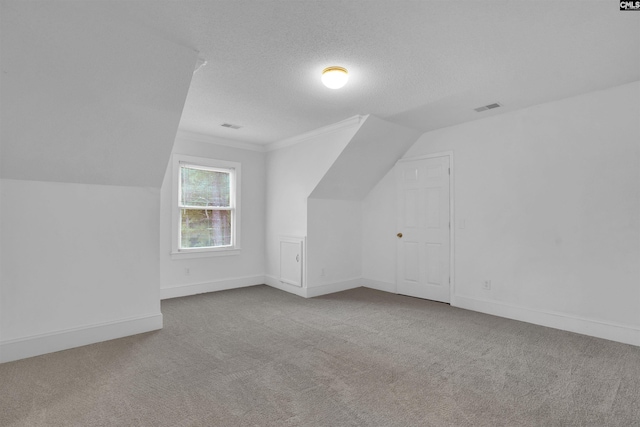 additional living space featuring light carpet, a textured ceiling, and vaulted ceiling