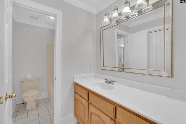 bathroom with toilet, vanity, crown molding, a tub to relax in, and tile patterned flooring