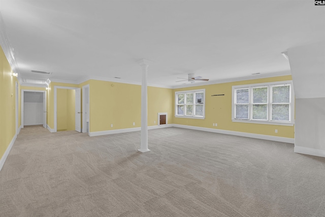 2001 Riding Ridge Rd, Columbia, SC 29223 - unfurnished living room with ornamental molding, light carpet, baseboards, ceiling fan, and ornate columns