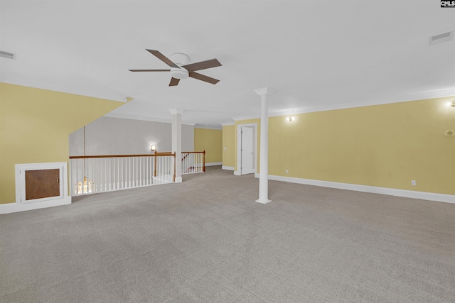 interior space featuring crown molding, carpet, and ceiling fan