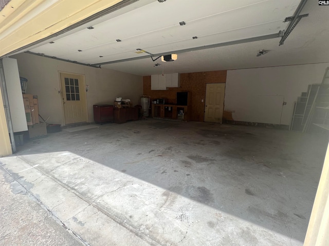 garage with a garage door opener and water heater