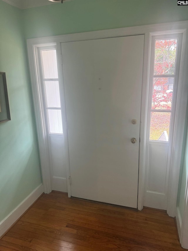 doorway with dark wood-type flooring