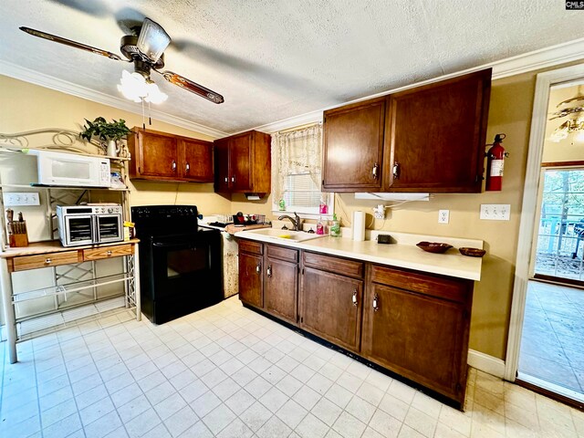 kitchen featuring sink, black electric range, crown molding, and a textured ceiling