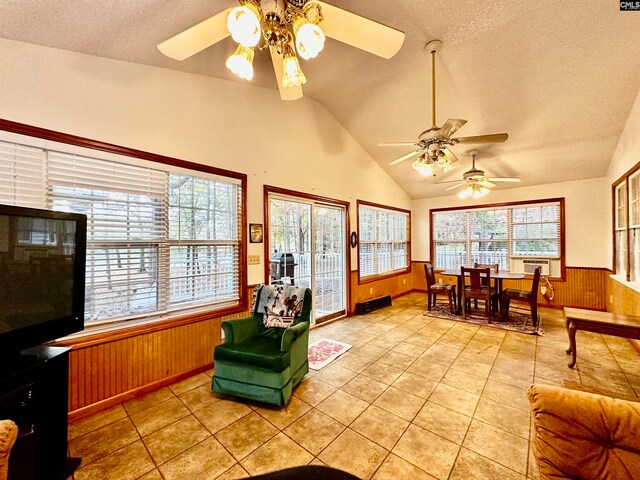 interior space with ceiling fan and vaulted ceiling