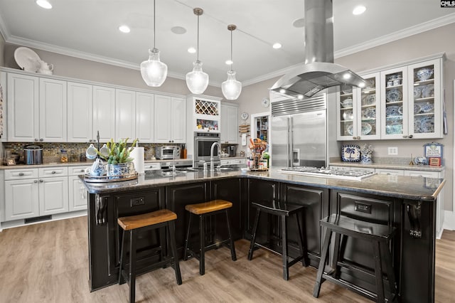 kitchen with a large island, island range hood, stainless steel appliances, and white cabinetry