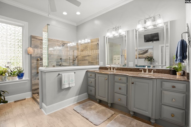 bathroom with vanity, a shower, a healthy amount of sunlight, and wood-type flooring