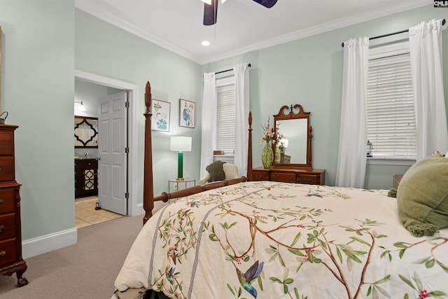 carpeted bedroom featuring crown molding and ceiling fan