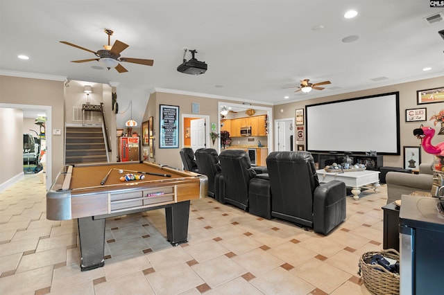 tiled home theater room featuring crown molding, pool table, and ceiling fan