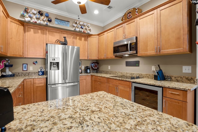 kitchen featuring stainless steel appliances, wine cooler, crown molding, light stone counters, and ceiling fan