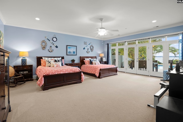 carpeted bedroom featuring ornamental molding, french doors, access to outside, and ceiling fan