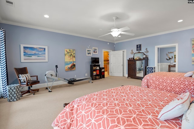 bedroom with ornamental molding, carpet floors, and ceiling fan