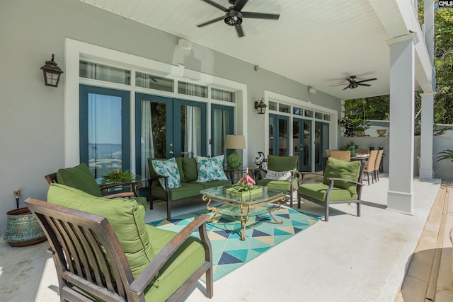 view of patio with an outdoor hangout area, french doors, and ceiling fan