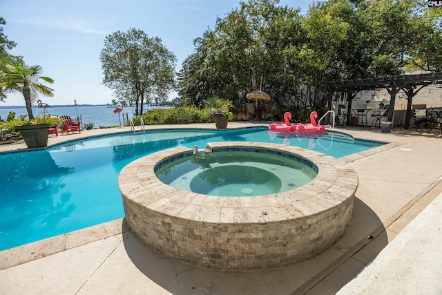 view of pool with a patio, an in ground hot tub, a water view, and a pergola