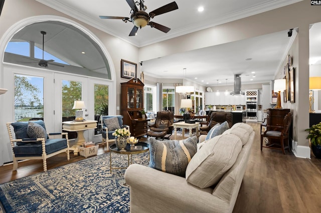 living room featuring lofted ceiling, a healthy amount of sunlight, dark wood-type flooring, and crown molding