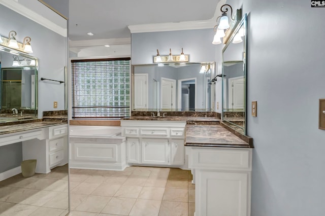 bathroom with a bath, crown molding, tile patterned floors, and vanity