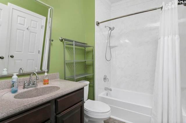 full bathroom with vanity, toilet, shower / bathtub combination with curtain, and ornamental molding