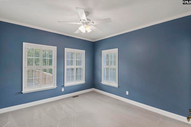 carpeted empty room with crown molding and ceiling fan