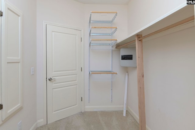 walk in closet featuring light carpet