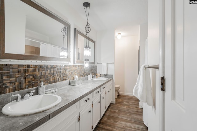 bathroom with vanity, toilet, decorative backsplash, and wood-type flooring