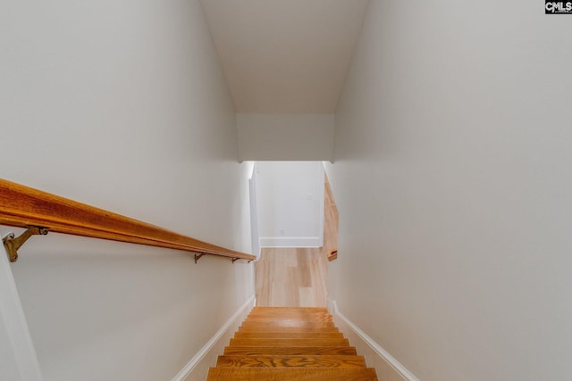 staircase with hardwood / wood-style flooring