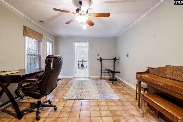 office featuring ornamental molding, a textured ceiling, and ceiling fan