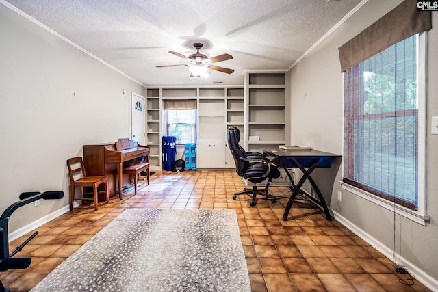 401 Nottingham Rd, Columbia, SC 29210 - tiled office space with a textured ceiling, built in features, ceiling fan, and ornamental molding