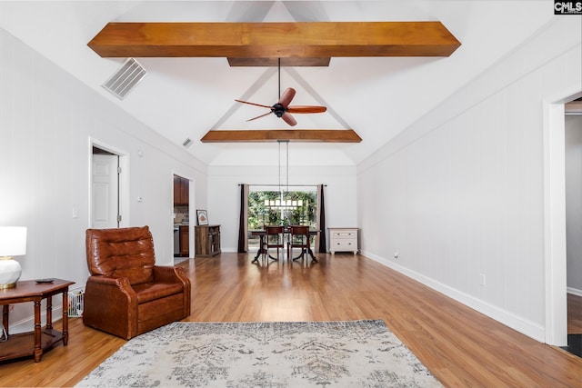 401 Nottingham Rd, Columbia, SC 29210 - living area featuring visible vents, high vaulted ceiling, beamed ceiling, ceiling fan with notable chandelier, and light wood-style floors