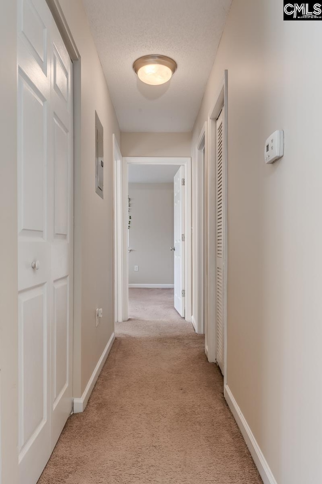 hallway with electric panel, light colored carpet, and a textured ceiling