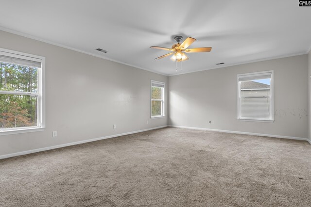 420 Indigo Ridge Dr, Columbia, SC 29229 - unfurnished room featuring ceiling fan, visible vents, crown molding, baseboards, and carpet floors