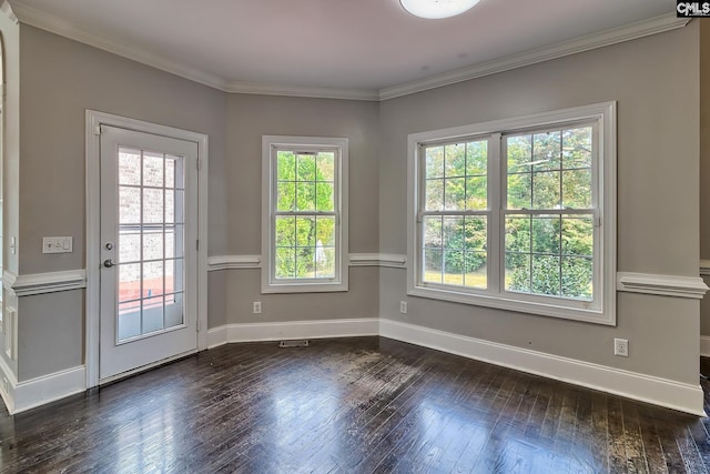 entryway featuring crown molding and dark wood-type flooring