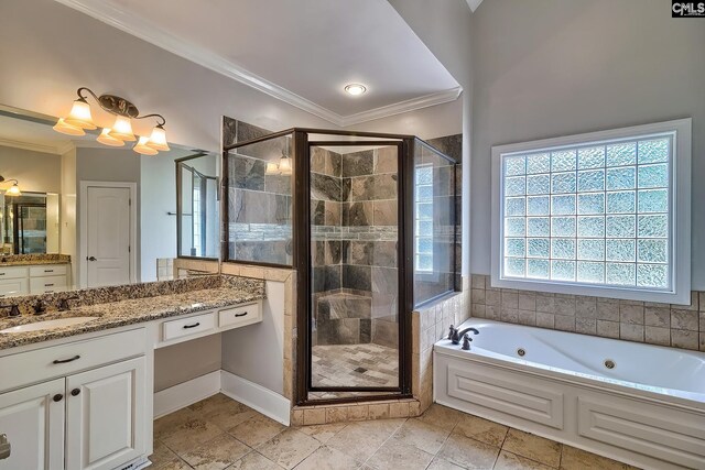 bathroom with vanity, plus walk in shower, ornamental molding, and tile patterned floors