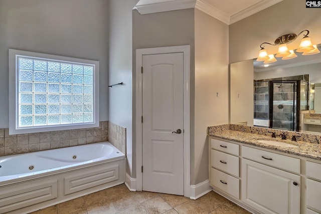 bathroom with vanity, crown molding, plenty of natural light, and plus walk in shower