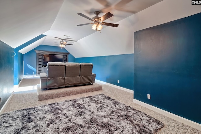 carpeted bedroom with lofted ceiling and ceiling fan