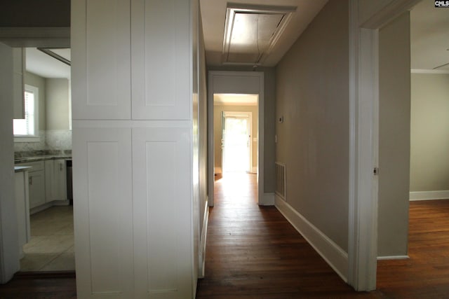 corridor with dark wood-type flooring and plenty of natural light