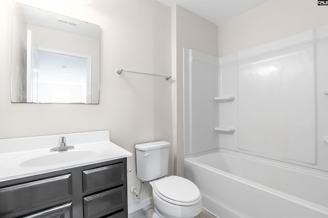 full bathroom featuring vanity, visible vents, toilet, baseboards, and shower / bathing tub combination