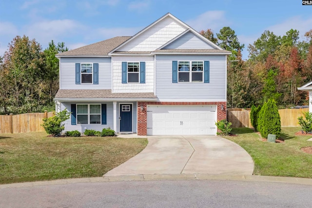 view of front of property with a front lawn and a garage