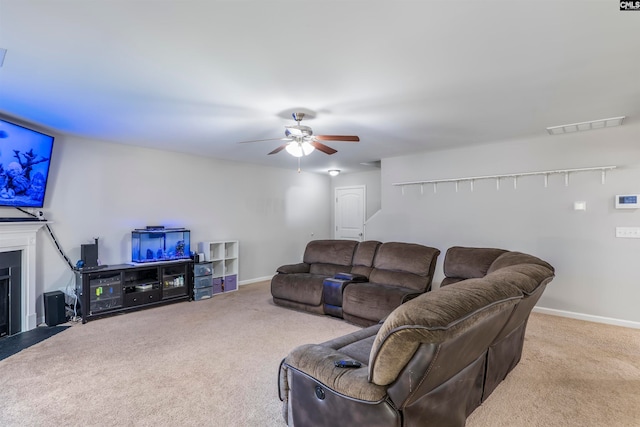 living room featuring light colored carpet and ceiling fan