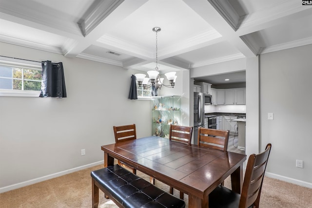 dining area with coffered ceiling, beamed ceiling, and carpet flooring