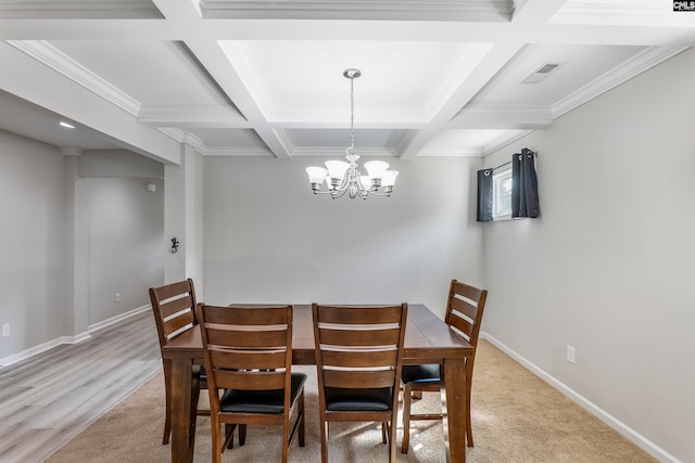 dining area featuring coffered ceiling, beam ceiling, ornamental molding, light wood-type flooring, and an inviting chandelier