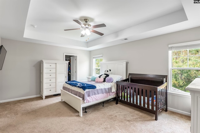 carpeted bedroom with multiple windows and a raised ceiling